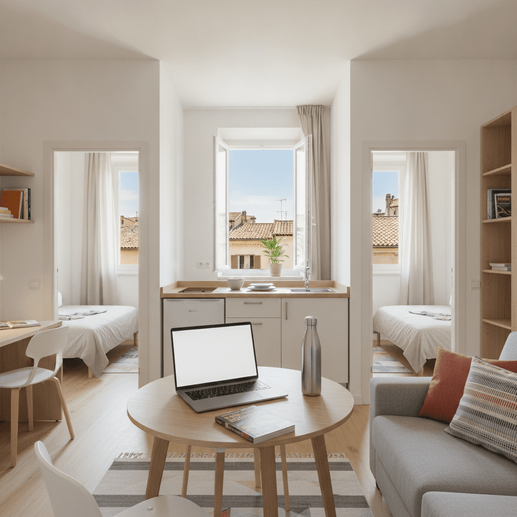 Shared apartment for summer Erasmus students: bright living room with kitchen and rooms for short stays of 2-3 months